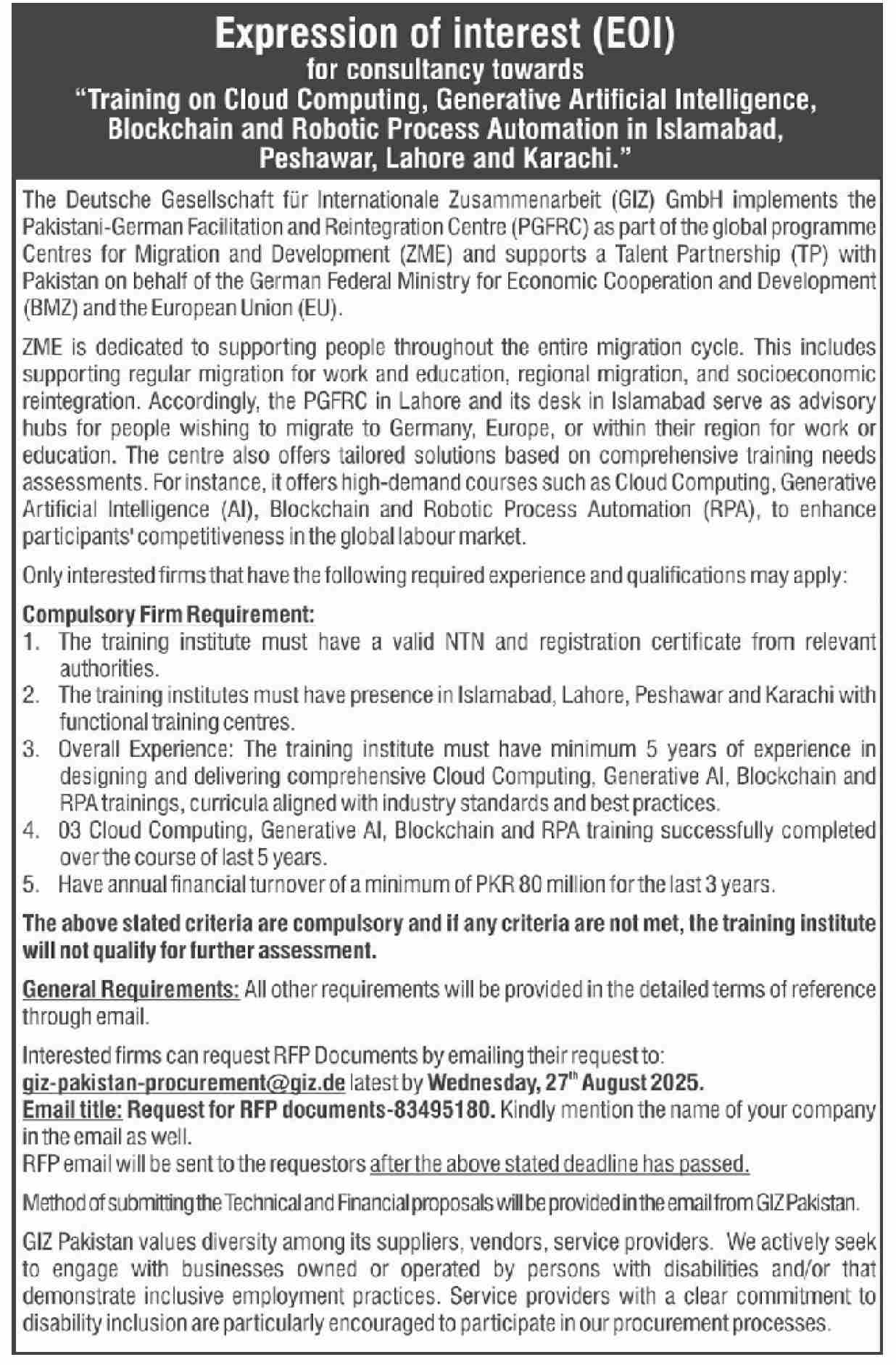 The Deutsche Gesellschaft Fur Internationale Zusammenarbeit Tender Notice